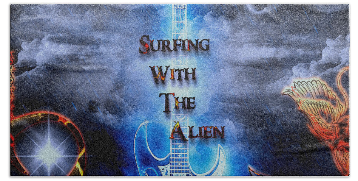Surfing With The Alien Beach Towel featuring the digital art Surfing With The Alien by Michael Damiani