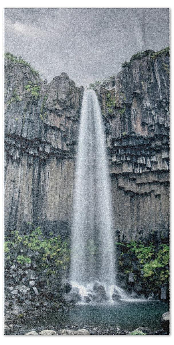 Iceland Beach Towel featuring the photograph Svartifoss scenic waterfall, Iceland by Delphimages Photo Creations
