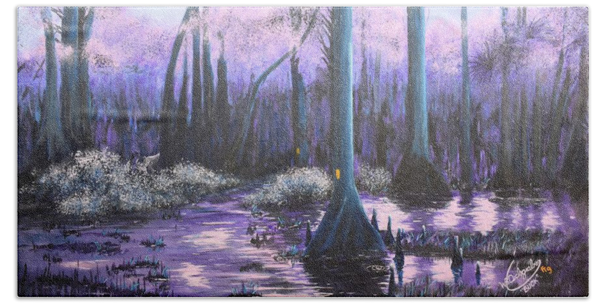 Swamp Beach Towel featuring the painting Swamp Twilight by William Dickgraber