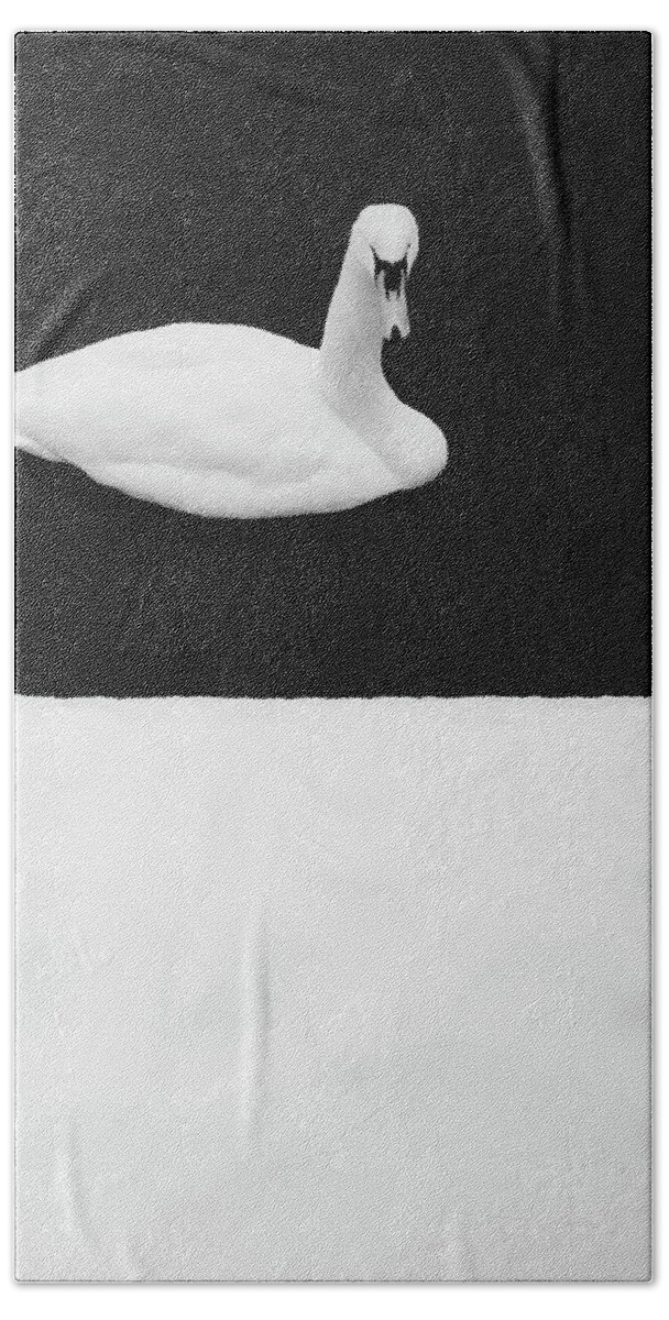 Black Beach Towel featuring the photograph Swan - Winter Minimalism by Martin Vorel Minimalist Photography