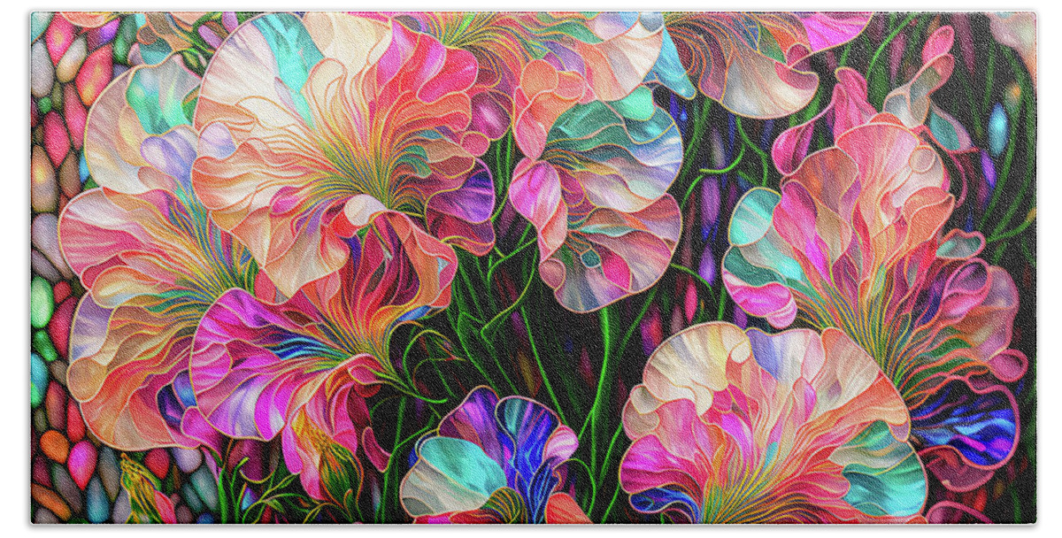 Sweet Peas Beach Towel featuring the digital art Sweet Peas - Stained Glass by Peggy Collins