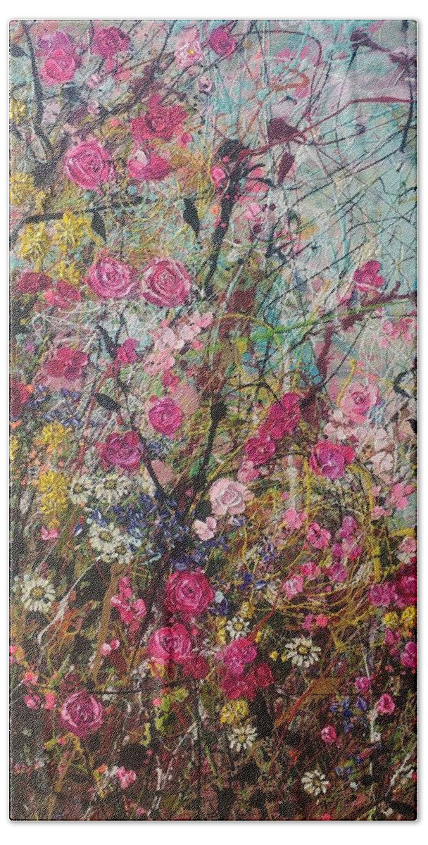 Pink Beach Towel featuring the painting Sweet Tangled Rose Briar by Angie Wright