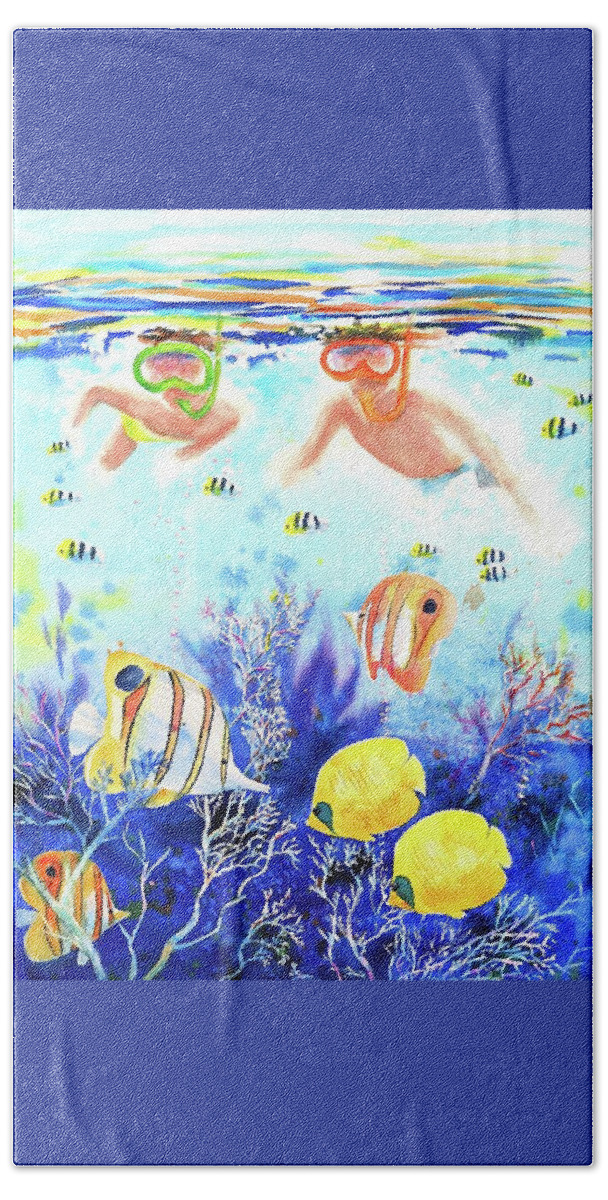 Underwater Beach Towel featuring the painting Swimming with the Fish by Carlin Blahnik CarlinArtWatercolor