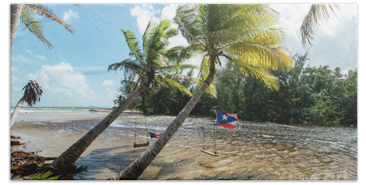 Swinging Beach Towel featuring the photograph Swinging Under The Palm Trees, Loiza, Puerto Rico by Beachtown Views