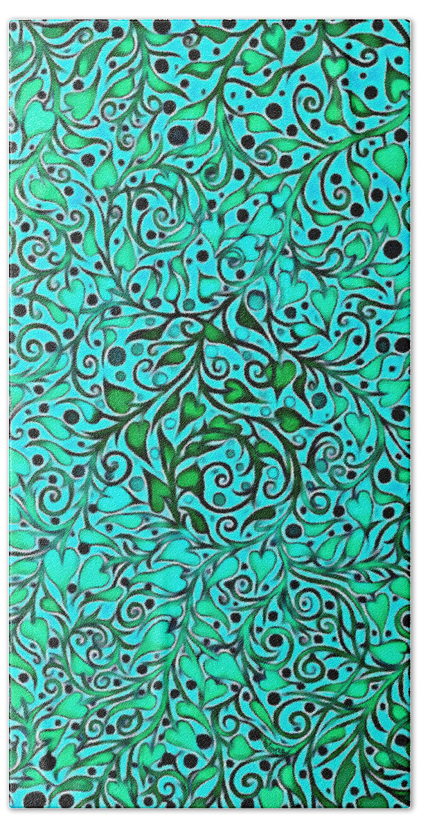 Swirling Leaves Beach Towel featuring the tapestry - textile Swirling Philodendron Leaves in Green and Blue by Lise Winne