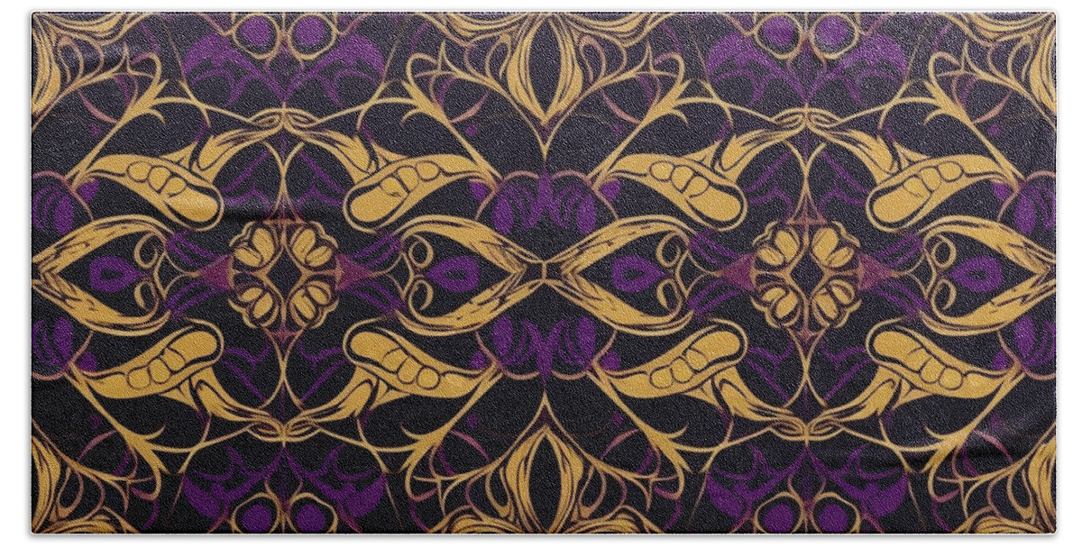 Symmetrical Purple And Gold Pattern Beach Towel featuring the digital art Symmetrical Purple and Gold Pattern #1 by Britten Adams