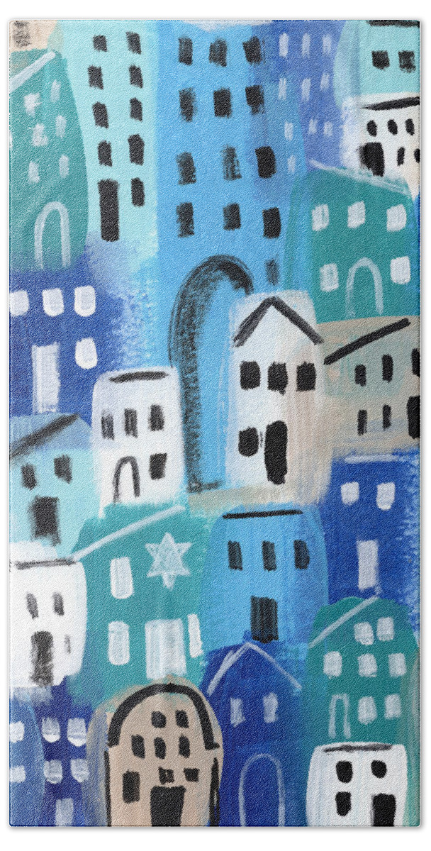 Synagogue Beach Towel featuring the painting Synagogue- City Stories by Linda Woods