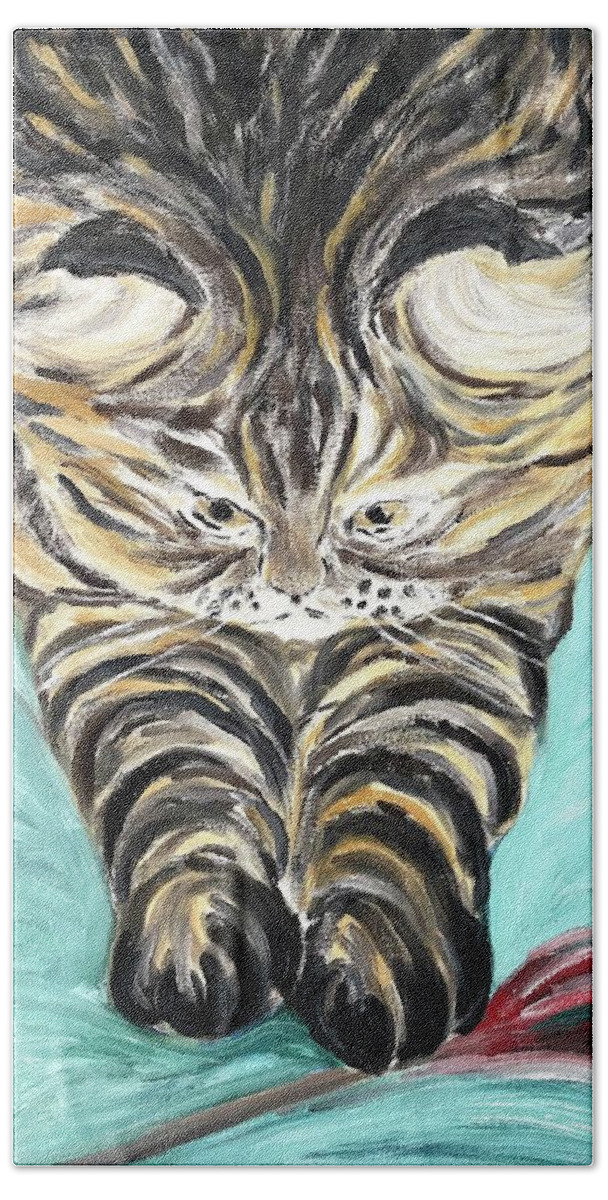 Cat Beach Towel featuring the painting Tabby Cat by Victoria Lakes