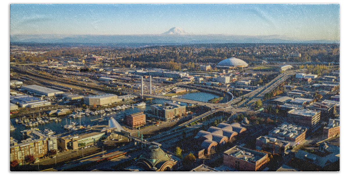 Drone Beach Towel featuring the photograph Tacoma Landmarks by Clinton Ward