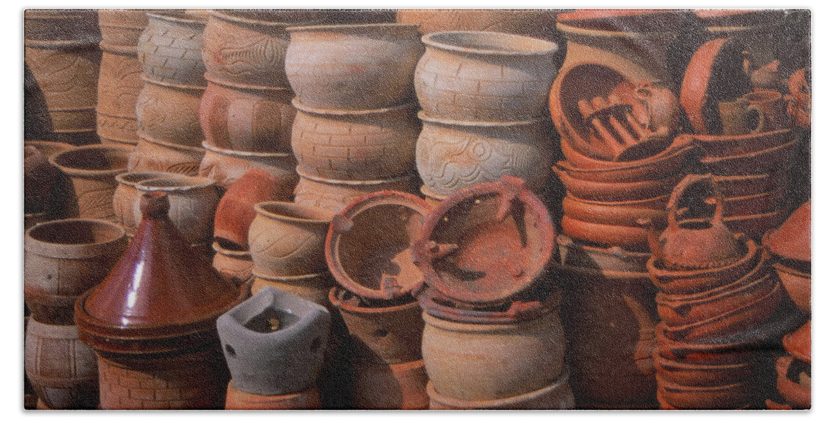 Meknes Beach Towel featuring the photograph Tagine cookers and other pottery by Steve Estvanik