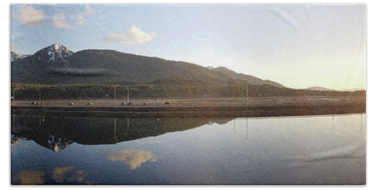 #alaska #juneau #ak #cruise #tours #vacation #peaceful #reflection #twinlakes #douglas #capitalcity #postcard #evening #dusk #sunset #panorama #egandrive Beach Towel featuring the photograph Taking it all in by Charles Vice