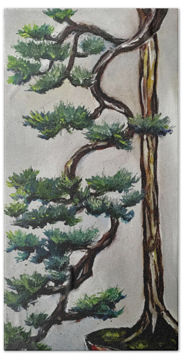 Bonsai Beach Towel featuring the painting Tall Cascading Bonsai Tree by Roxy Rich