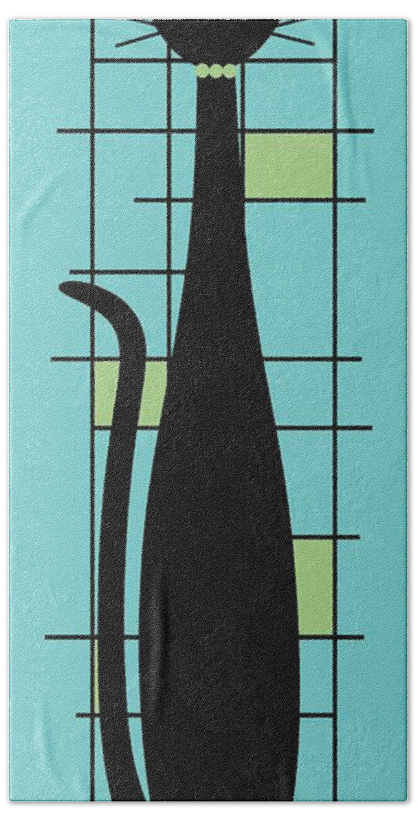 Mid Century Modern Cat Beach Towel featuring the digital art Tall Mondrian Cat on Blue by Donna Mibus