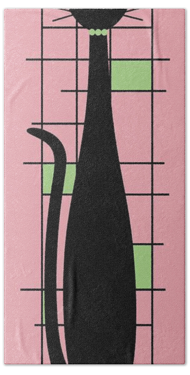 Mid Century Modern Cat Beach Towel featuring the digital art Tall Mondrian Cat on Pink by Donna Mibus