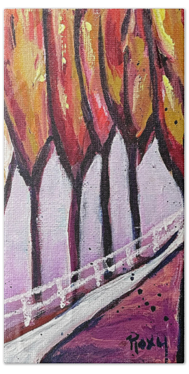 Tall Beach Towel featuring the painting Tall Trees 1 by Roxy Rich