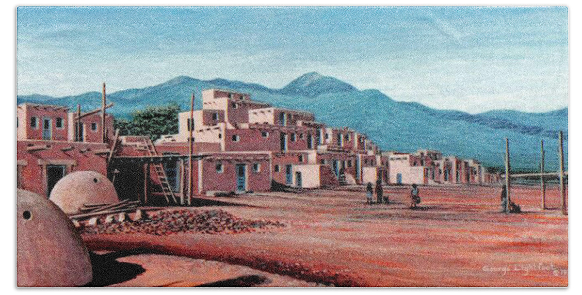 Architectural Landscape Beach Towel featuring the painting Taos Pueblo by George Lightfoot