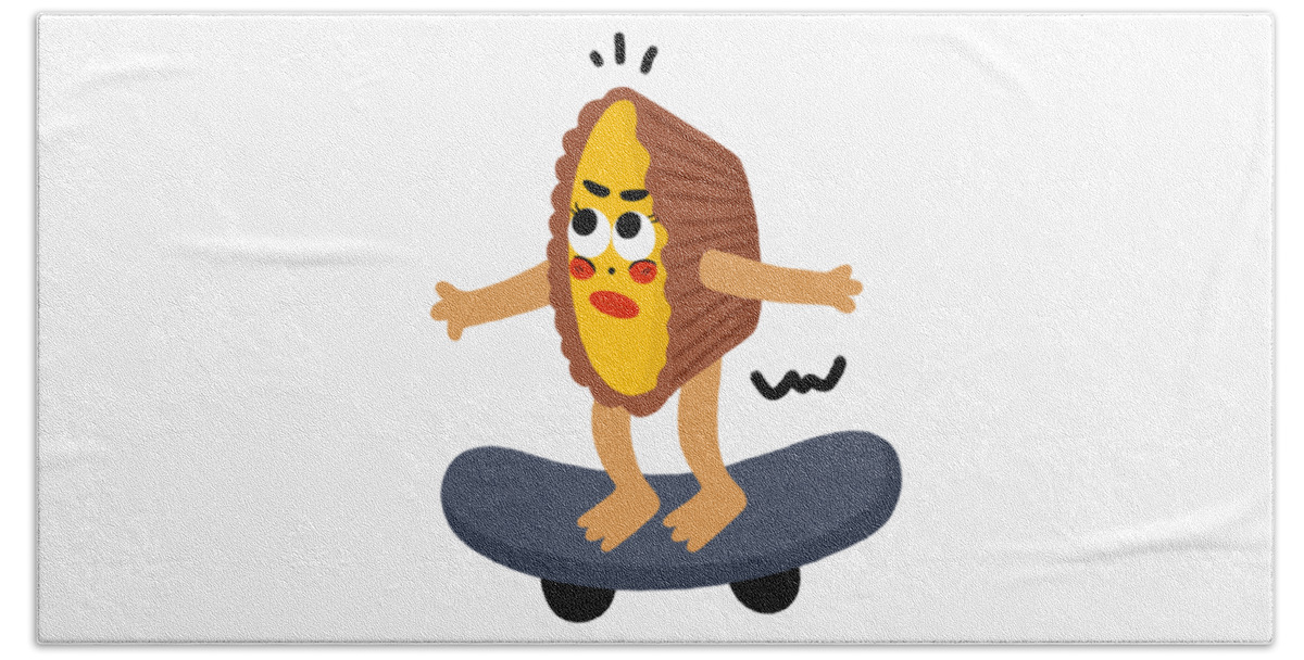 Egg Tarts Beach Towel featuring the drawing Custard tart loves skateboarding by Min Fen Zhu
