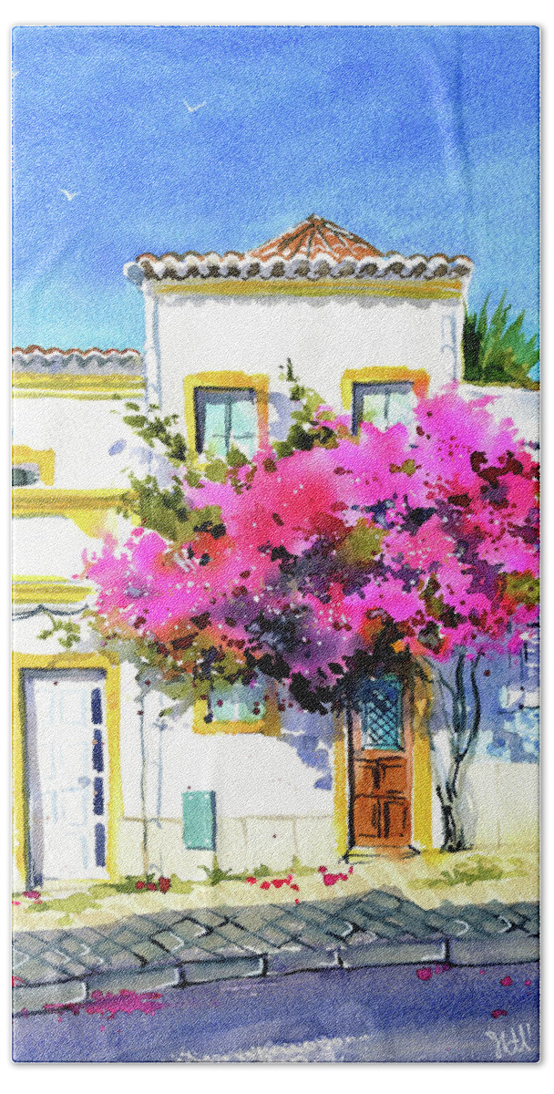 Portugal Beach Towel featuring the painting Tavira House With Bougainvillea Portugal Painting by Dora Hathazi Mendes