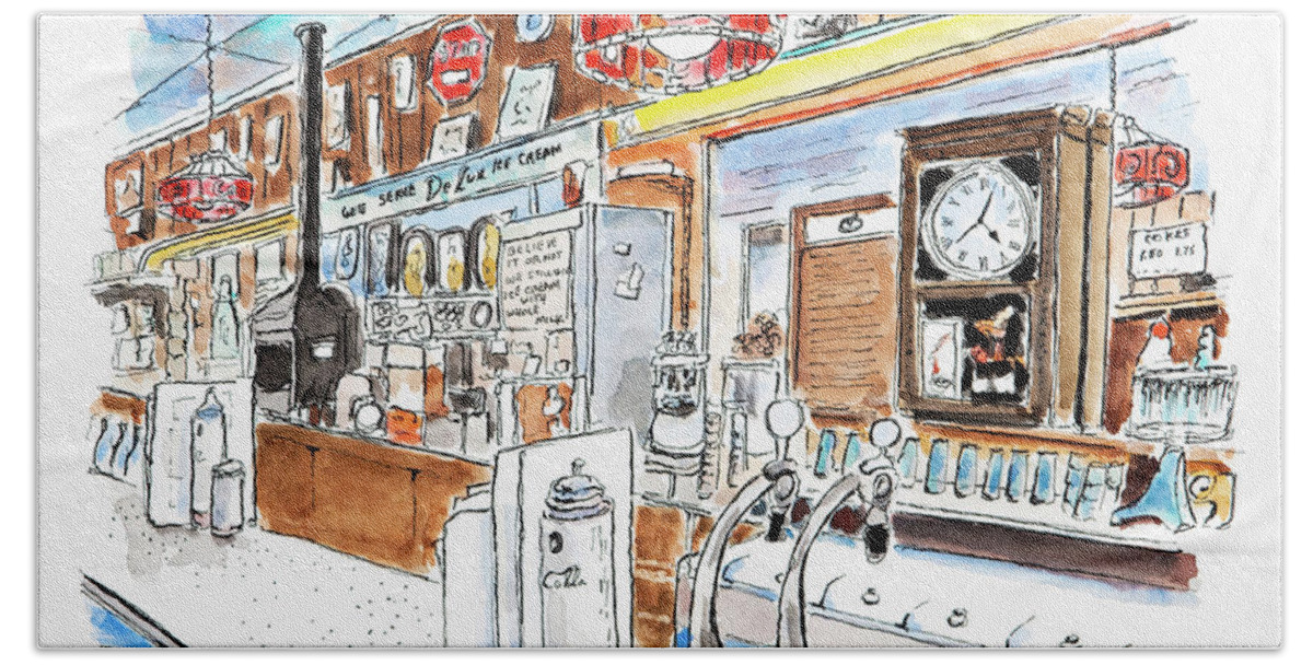 Soda Fountain Beach Towel featuring the drawing Taylor's Soda Fountain by Mike Bergen