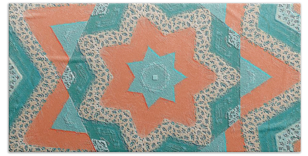 Pattern< Stars Beach Towel featuring the digital art Teal and Peach Stars by Bonnie Bruno