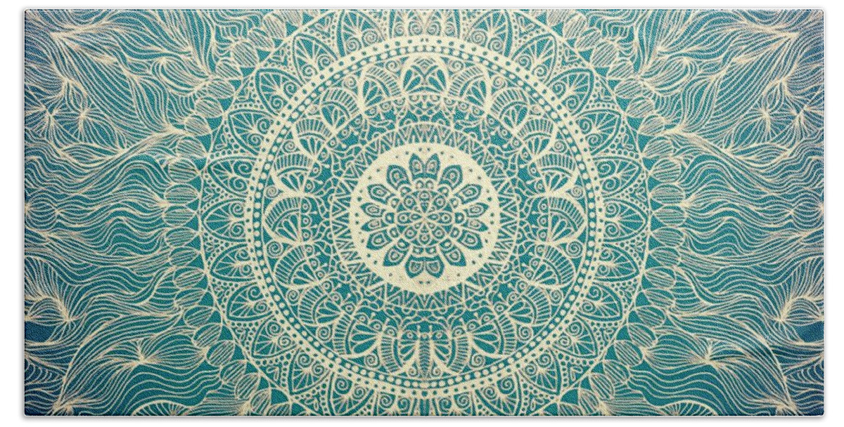 Pattern Beach Towel featuring the mixed media Teal Mandala Burst by Erica Mathers