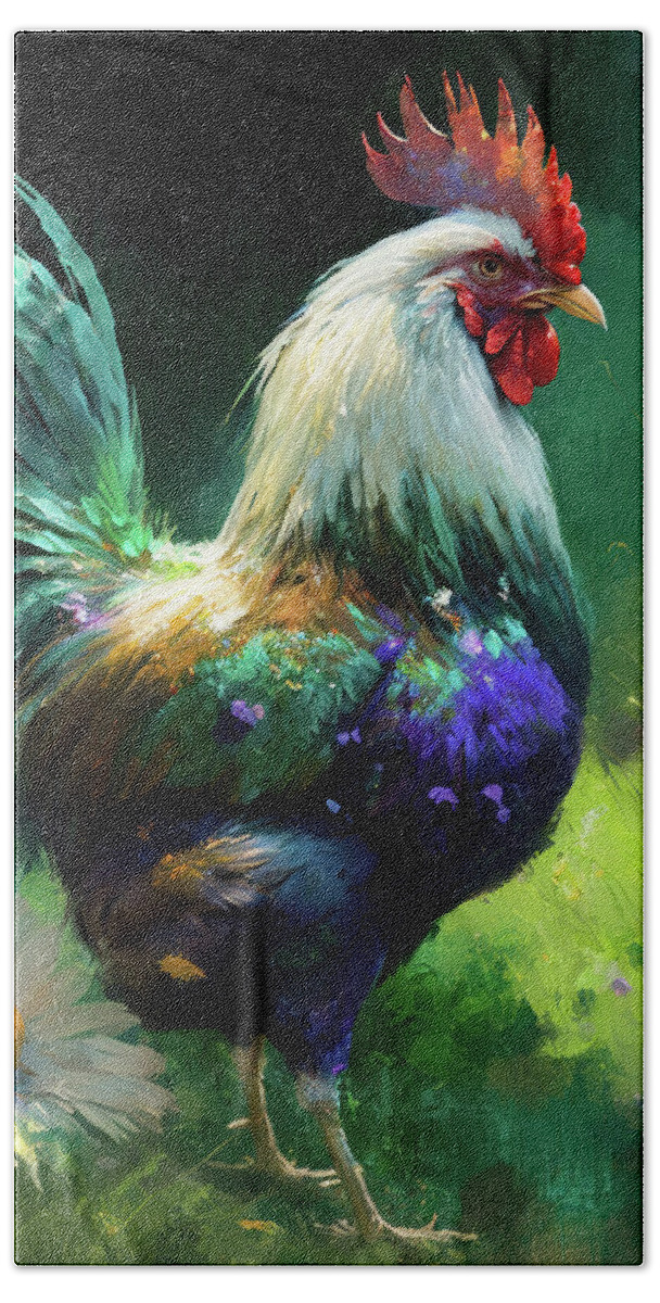 Rooster Beach Towel featuring the painting Teal Tailed Rooster by Tina LeCour
