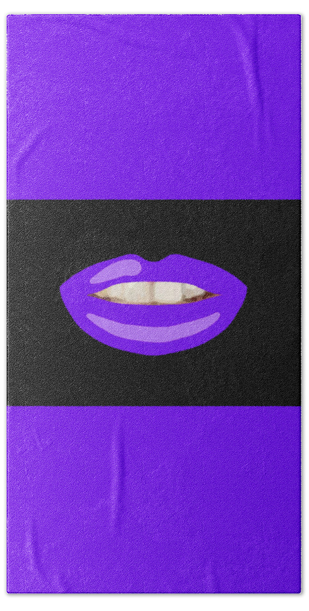 Lips Beach Towel featuring the drawing Teeth Smile Purple Lips Black BG Novelty Face Mask by Joan Stratton