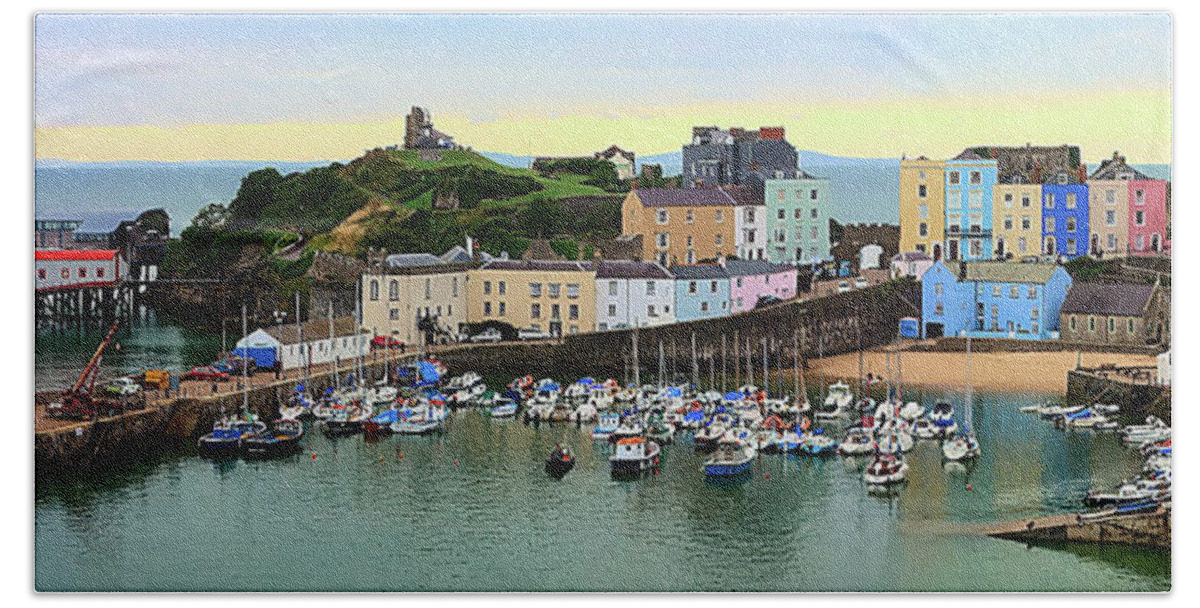 Tenby Beach Towel featuring the photograph Tenby Harbour Panorama by Jeremy Hayden