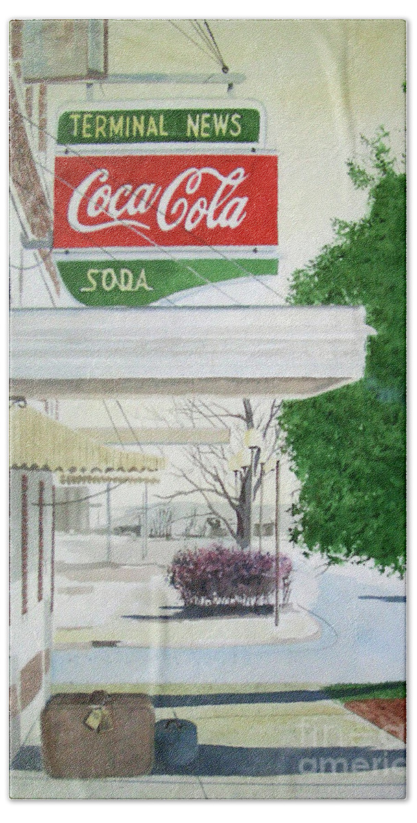 A Coca Cola Sign Hangs Outside The Bus Station In Coffeyville Beach Towel featuring the painting Terminal News by Monte Toon