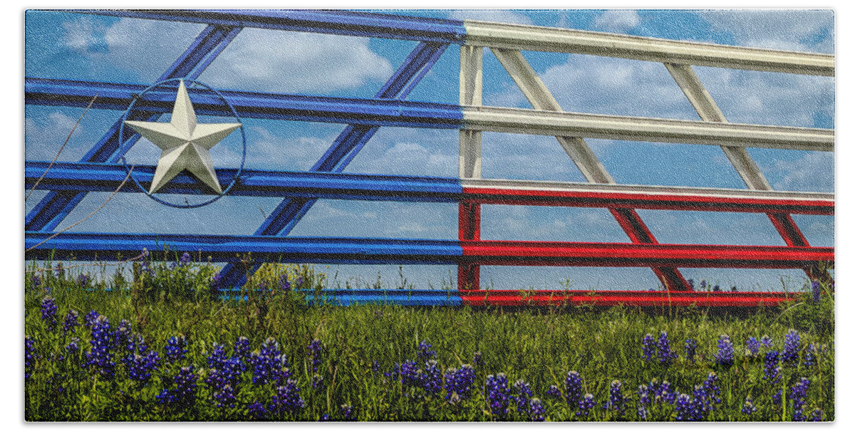 Texas Beach Towel featuring the photograph Texas Flag Painted Gate with Blue Bonnets by Robert Bellomy