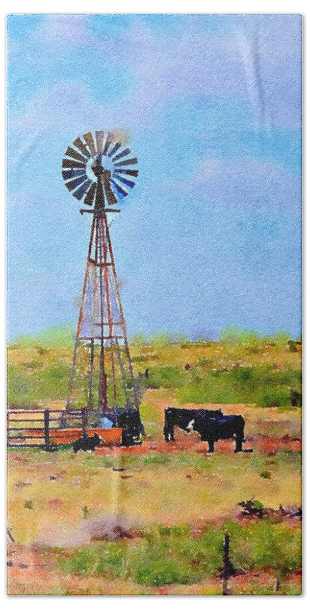 Windmill Beach Towel featuring the painting Texas Landscape Windmill and Cattle by Carlin Blahnik CarlinArtWatercolor