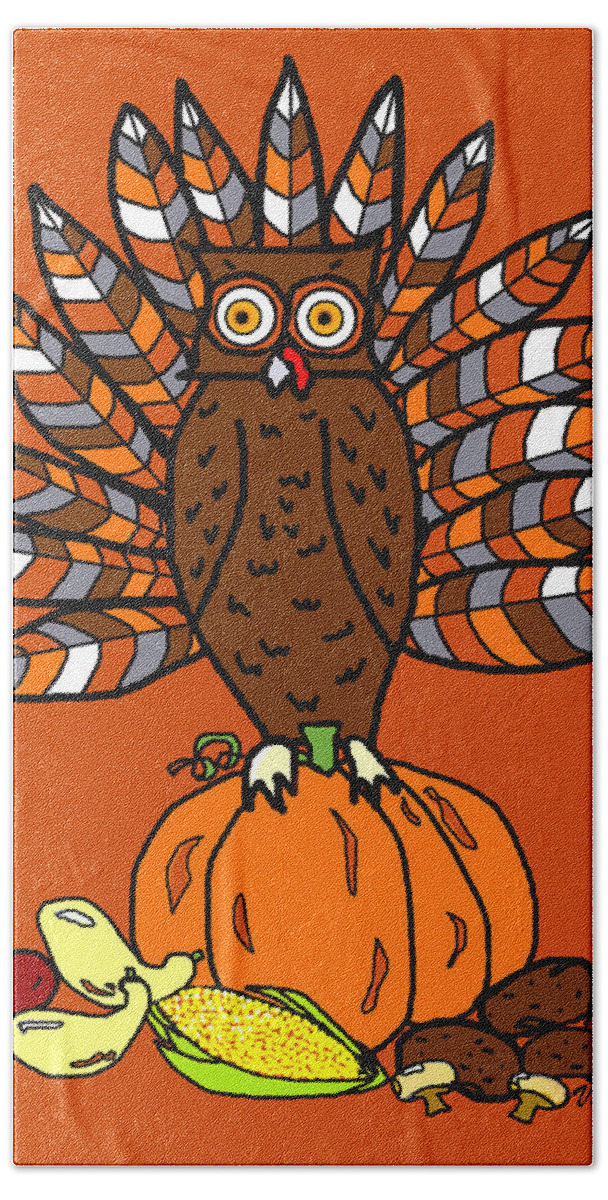 Thanksgiving Beach Towel featuring the digital art Thanksgiving Owl by Vallee Johnson