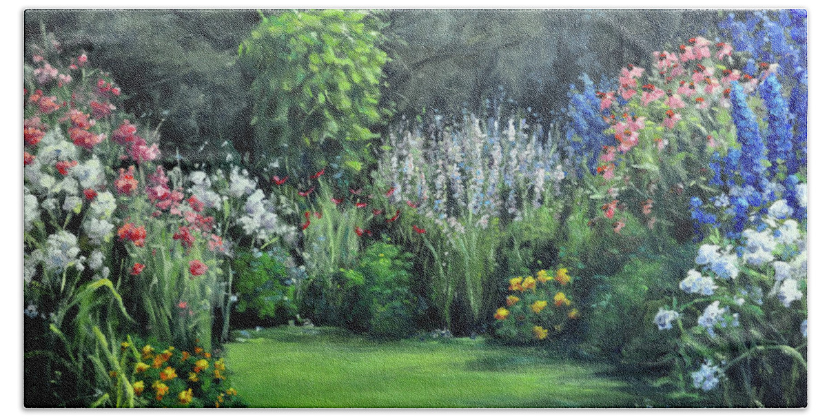 Garden Beach Towel featuring the painting The Backyard Garden by Rick Hansen