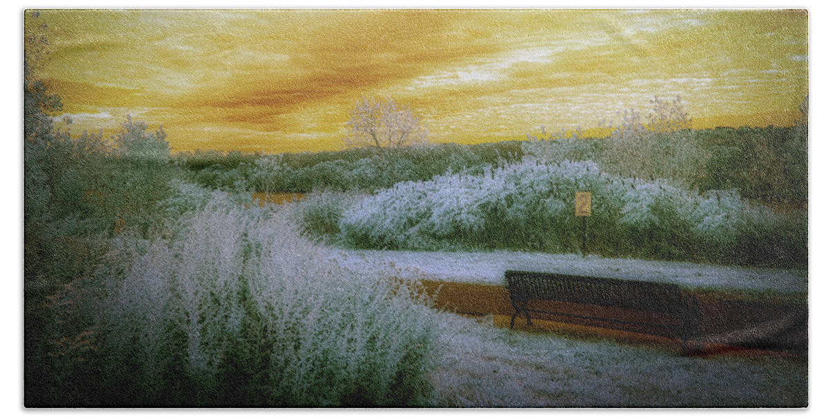 Overpeck Park Beach Towel featuring the photograph The Bench by Penny Polakoff