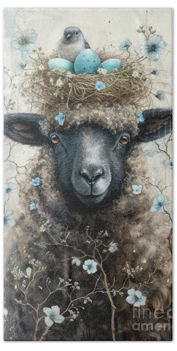Sheep Beach Towel featuring the painting The Black Sheep And The Bird by Tina LeCour