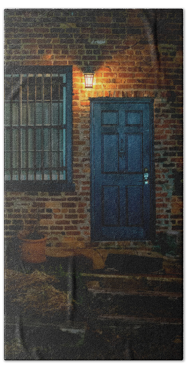 Night Photography Beach Towel featuring the photograph The Blue Door by Karen Harrison Brown