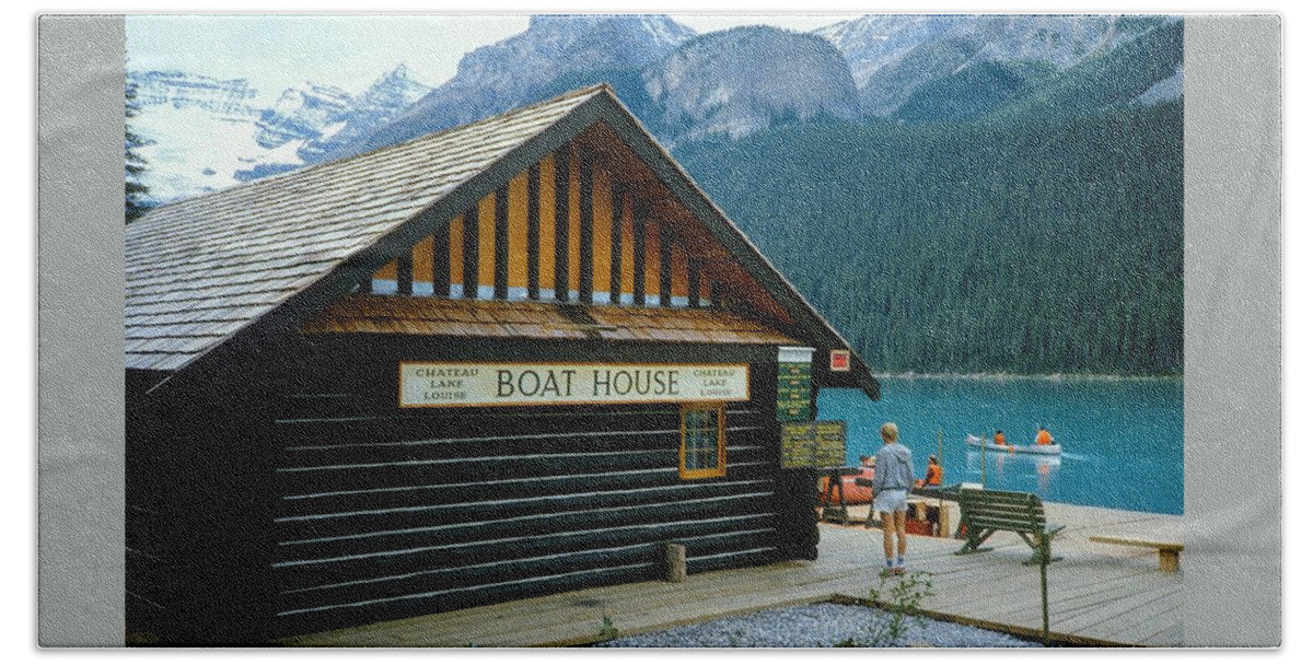  Beach Towel featuring the photograph The Boat House Lake Louise by Gordon James