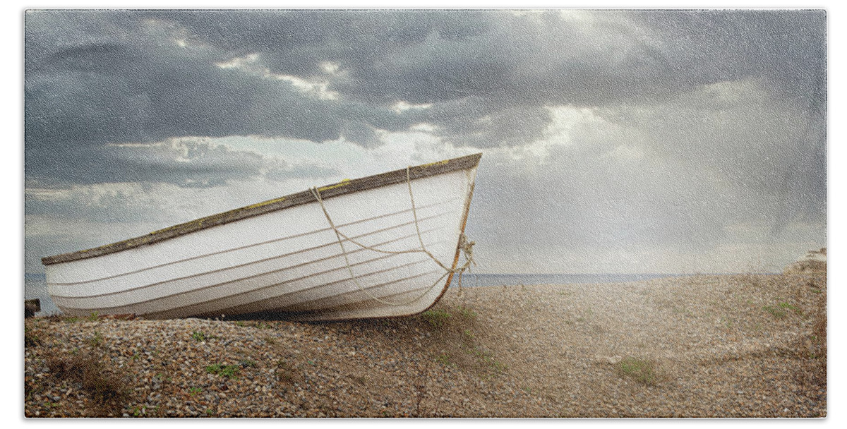 Boat Beach Towel featuring the photograph The Boat on Shore by Karen Varnas