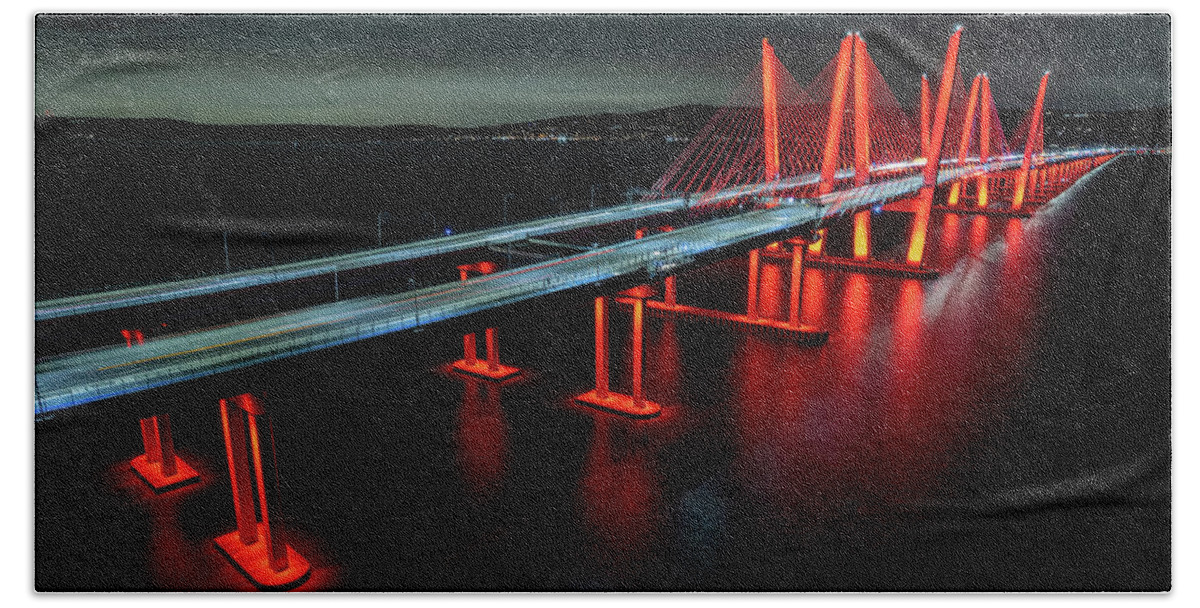 Hudson River Beach Towel featuring the photograph The Bridge in Red by Kevin Suttlehan