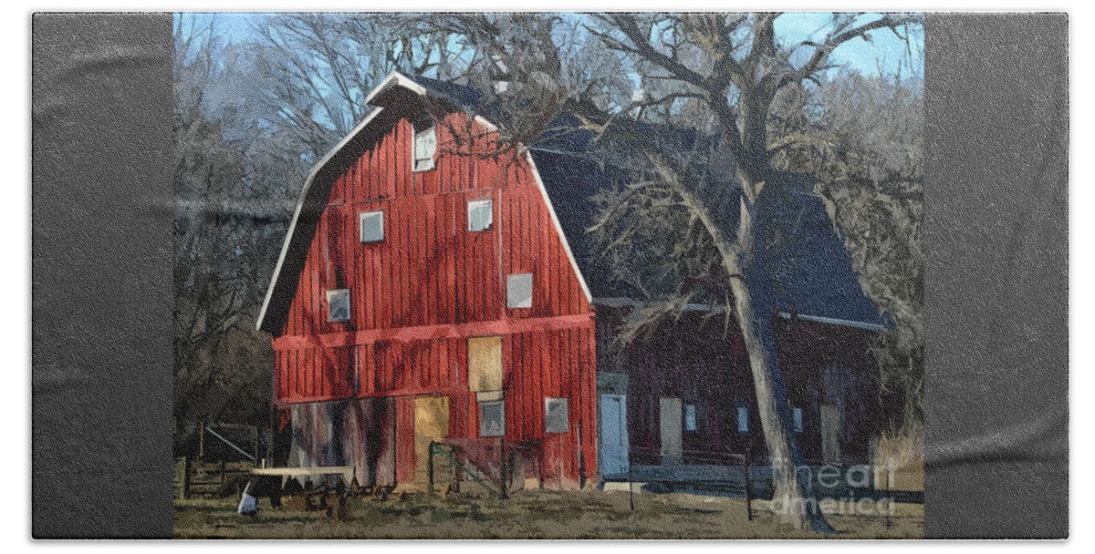 Barn Beach Towel featuring the digital art The Bright Red Barn by Kirt Tisdale
