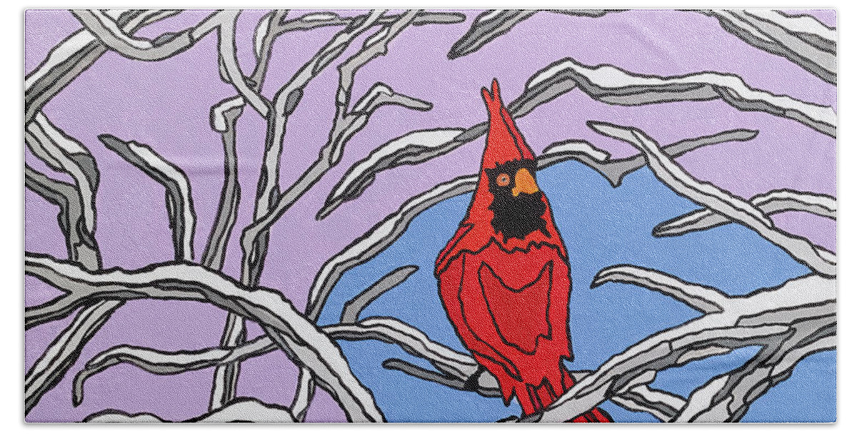 Cardinal Bird Perch Snow Winter Beach Towel featuring the painting The Cardinal by Mike Stanko