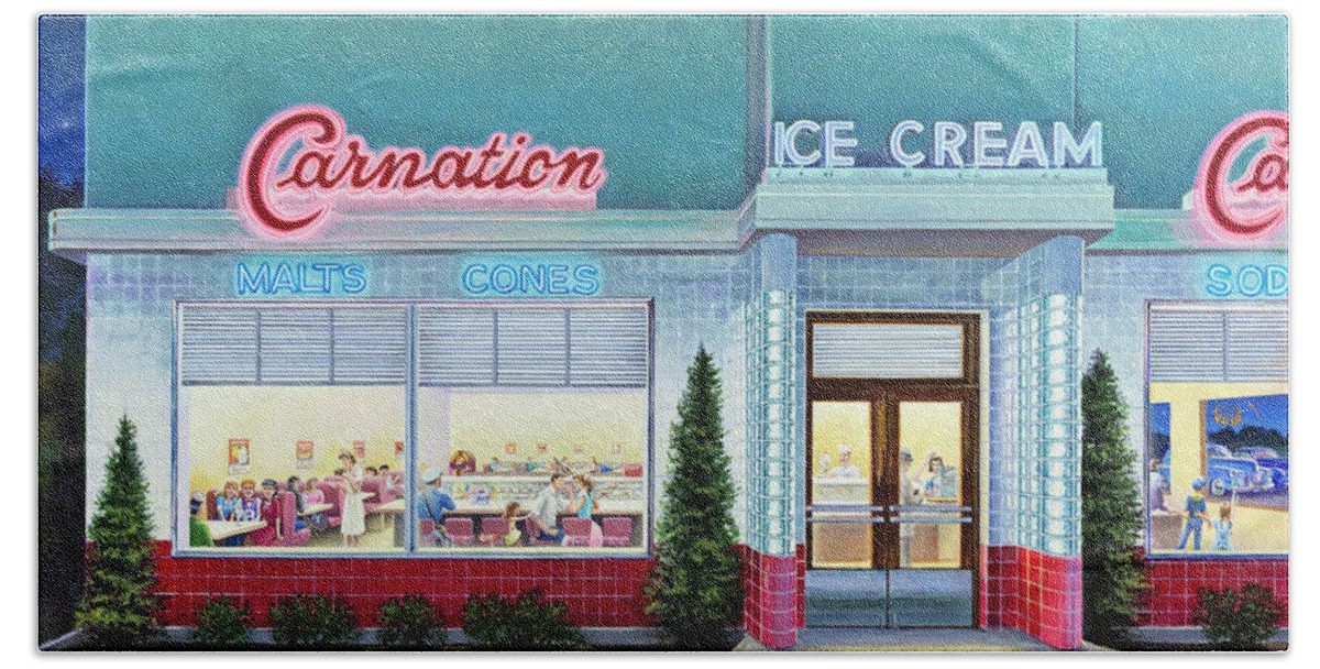 Carnation Ice Cream Restaurant Beach Towel featuring the painting The Carnation Ice Cream Shop by Randy Welborn