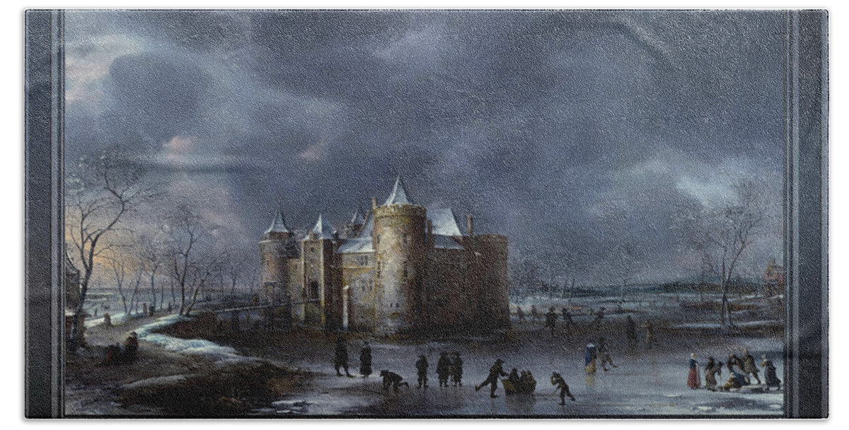 Castle Of Muiden Beach Towel featuring the painting The Castle Of Muiden In Winter by Jan Abrahamsz Beerstraaten by Rolando Burbon