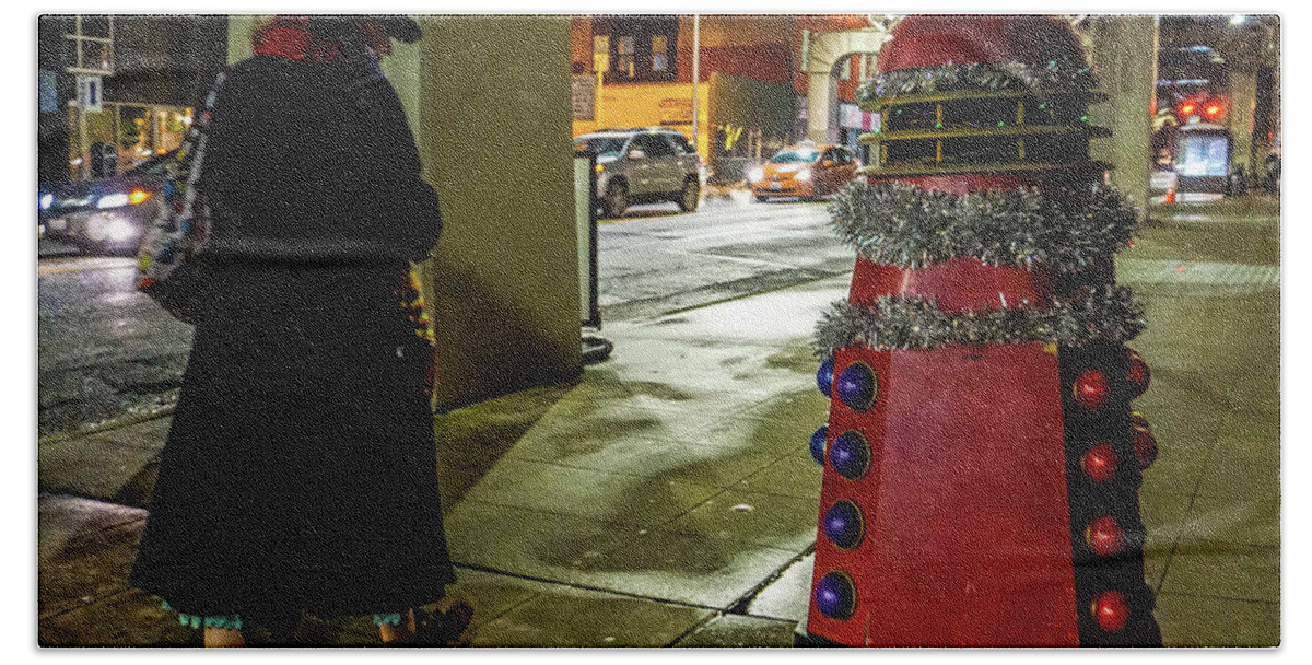 Dr. Who Dalek Downtown Seattle Beach Towel featuring the photograph The Dalek by Peggy McCormick