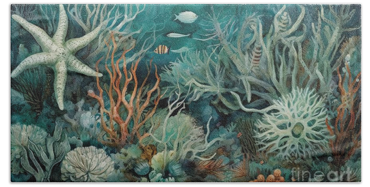 Sea Creatures Beach Towel featuring the painting The Deep Blue Sea XV by Mindy Sommers