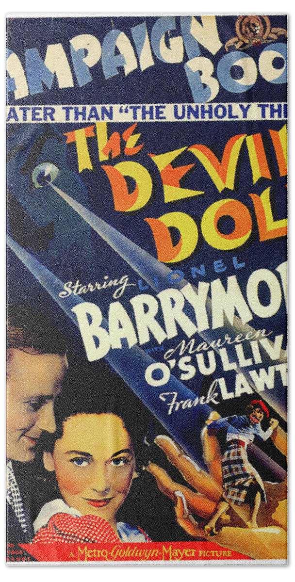 Devil Beach Towel featuring the mixed media ''The Devil Doll'' movie poster 1936 by Movie World Posters