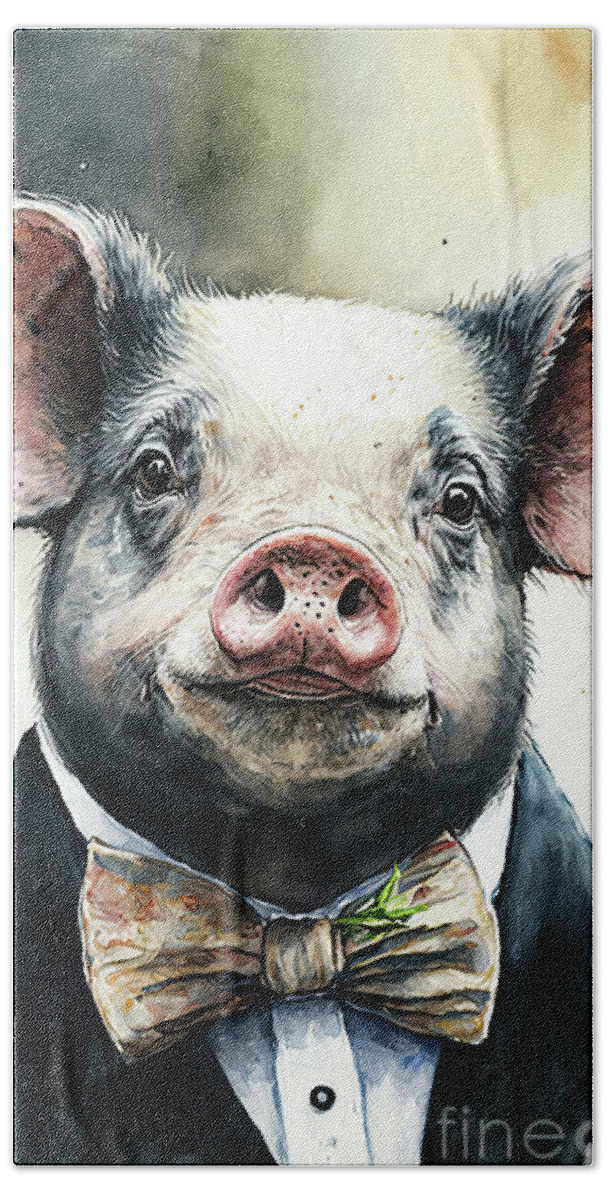 Pig Beach Towel featuring the painting The Distinguished Butler by Tina LeCour