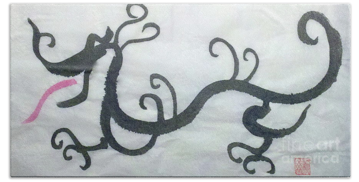 Black Ink Dragon Beach Towel featuring the painting The Dragon by Margaret Welsh Willowsilk