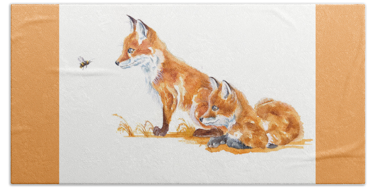 Fox Beach Towel featuring the painting The Eager Fox Cubs by Debra Hall