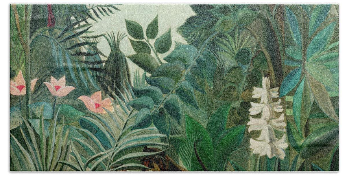1900s Beach Towel featuring the painting The Equatorial Jungle by Henri Rousseau by - Henri Rousseau